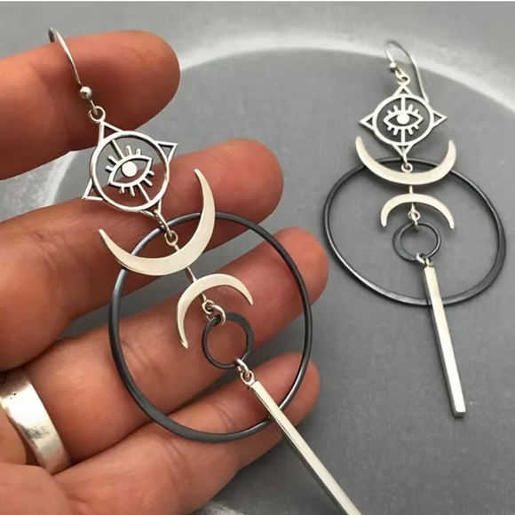 Half Moon Evil Eye Hoop Drop Earrings - Picture 2 of 4